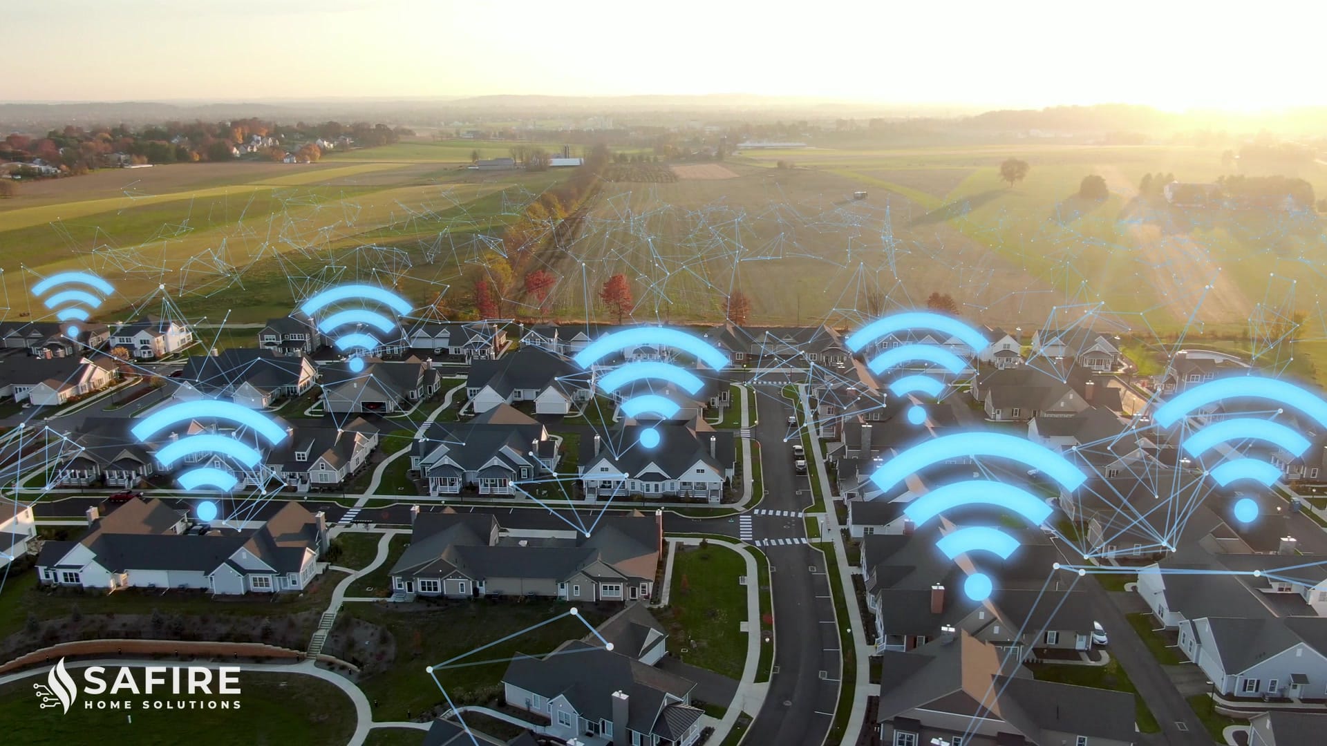 Aerial view of a neighborhood with a Wi-Fi signal rising from every house